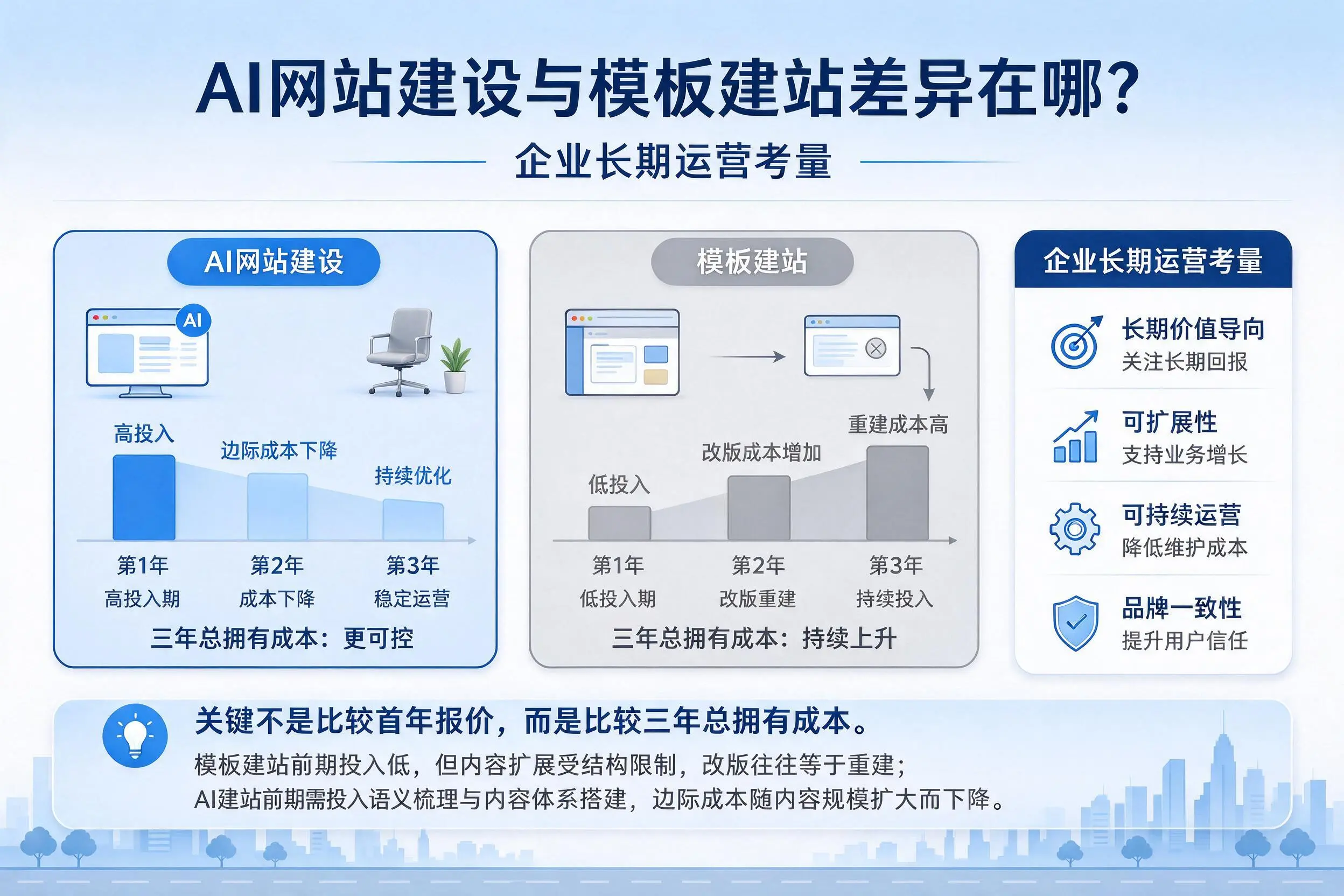 AI网站建设与模板建站差异在哪？百色企业长期运营考量
